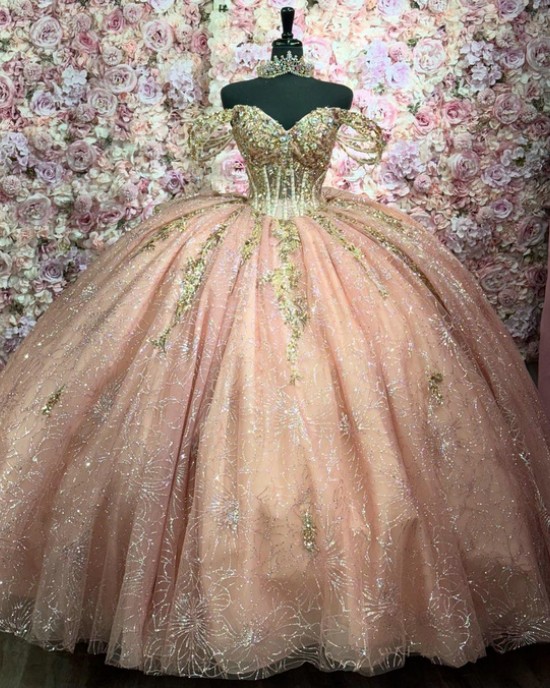 Off Shoulder Rose Gold Quinceanera Dress for Women Sweetheart Neck Crystal Evening Party Gown Sweet 15 Gown