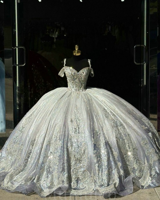 Off Shoulder Silver Quinceanera Dress Crystal Sweet 15 Gowns Lace Appliques Wear Pageant V Neck 2024 Ball Gown Princess Dresses