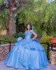 Off Shoulder Sky Blue Quinceanera Dress Ball Gown Lace Applique Mexico Sweet 16 Vestido De 15 Anos