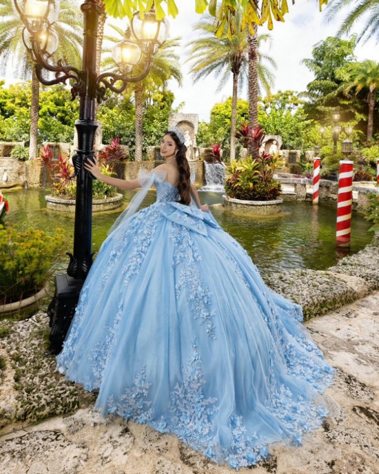 Off Shoulder Sky Blue Quinceanera Dress Birthday Party Gowns 3D Flowers Vestidos De 15 Anos With Bow