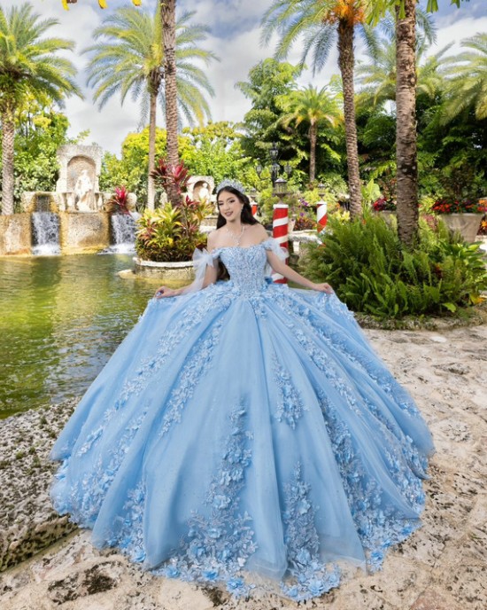 Off Shoulder Sky Blue Quinceanera Dress Birthday Party Gowns 3D Flowers Vestidos De 15 Anos With Bow