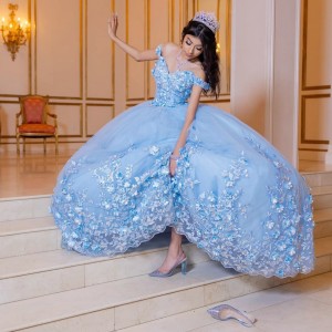 Off Shoulder Sky Blue Quinceanera Dress Birthday Party Gowns Sweetheart Neck Vestidos De 15 Anos With 3D Flowers