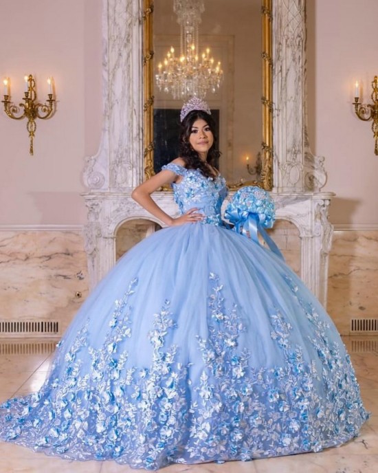 Off Shoulder Sky Blue Quinceanera Dress Birthday Party Gowns Sweetheart Neck Vestidos De 15 Anos With 3D Flowers