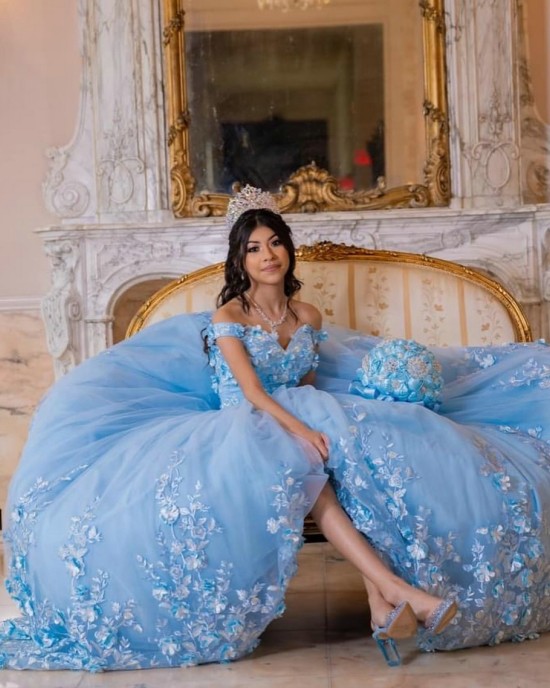 Off Shoulder Sky Blue Quinceanera Dress Birthday Party Gowns Sweetheart Neck Vestidos De 15 Anos With 3D Flowers