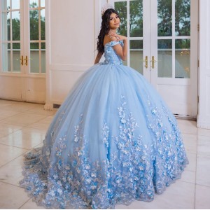 Off Shoulder Sky Blue Quinceanera Dress Birthday Party Gowns Sweetheart Neck Vestidos De 15 Anos With 3D Flowers