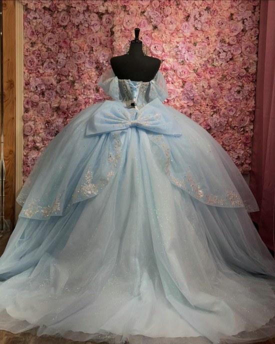 Off Shoulder Sky Blue Quinceanera Dress Sweet 15 Gowns Sequin Wear Pageant Sweetheart Neck Vestidos De 15 Anos With Bow