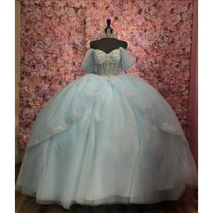 Off Shoulder Sky Blue Quinceanera Dress Sweet 15 Gowns Sequin Wear Pageant Sweetheart Neck Vestidos De 15 Anos With Bow