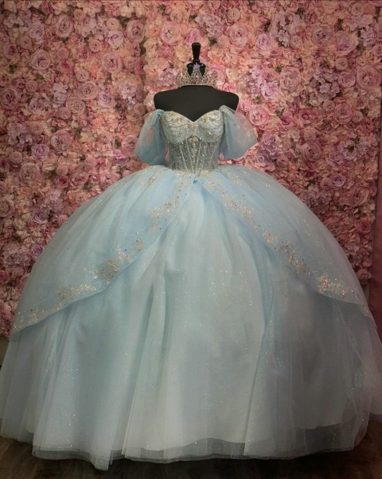 Off Shoulder Sky Blue Quinceanera Dress Sweet 15 Gowns Sequin Wear Pageant Sweetheart Neck Vestidos De 15 Anos With Bow