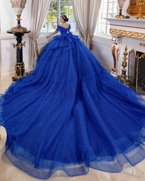 Off Shoulder Tiered Blue Quinceanera Dress Birthday Party Gowns Sequin Sweetheart Neck Vestidos De 15 Anos