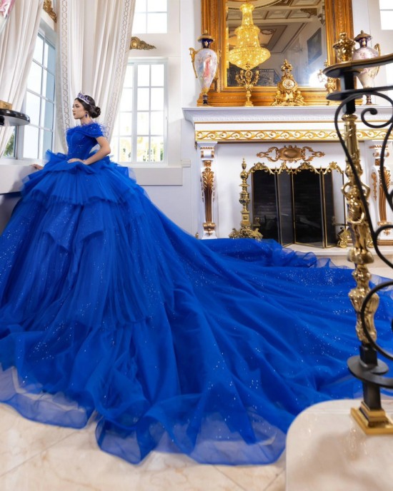 Off Shoulder Tiered Blue Quinceanera Dress Birthday Party Gowns Sequin Sweetheart Neck Vestidos De 15 Anos