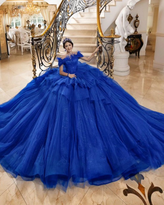 Off Shoulder Tiered Blue Quinceanera Dress Birthday Party Gowns Sequin Sweetheart Neck Vestidos De 15 Anos