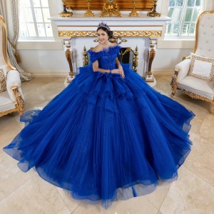 Off Shoulder Tiered Blue Quinceanera Dress Birthday Party Gowns Sequin Sweetheart Neck Vestidos De 15 Anos