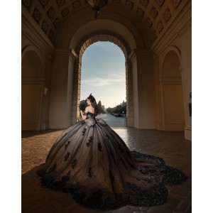 Off Shoulder Vestidos De 15 Anos Black Quinceanera Dress Lace Appliques Sweetheart Neck Girls Princess Dress With Bow