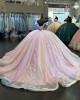 Off Shoulder Vestidos De 15 Anos Crystal Pink Quinceanera Dress Lace Appliques Sweetheart Neck Sheer Bodice Tailor Made Women Clothing