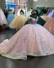 Off Shoulder Vestidos De 15 Anos Crystal Pink Quinceanera Dress Lace Appliques Sweetheart Neck Sheer Bodice Tailor Made Women Clothing