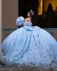 Off Shoulder Vestidos De 15 Anos Lace Appliques Sky Blue Quince Dress Sequin Princess Dress With Bow