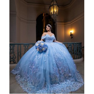 Off Shoulder Vestidos De 15 Anos Lace Appliques Sky Blue Quince Dress Sequin Princess Dress With Bow