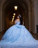 Off Shoulder Vestidos De 15 Anos Lace Appliques Sky Blue Quince Dress Sequin Princess Dress With Bow