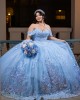 Off Shoulder Vestidos De 15 Anos Lace Appliques Sky Blue Quince Dress Sequin Princess Dress With Bow