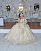 Off Shoulder Vestidos De 15 Anos Sequin Champagne Quinceanera Dress Lace Appliques Sweetheart Neck Princess Dress With Bow