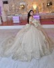 Off Shoulder Vestidos De 15 Anos Sequin Champagne Quinceanera Dress Lace Appliques Sweetheart Neck Princess Dress With Bow