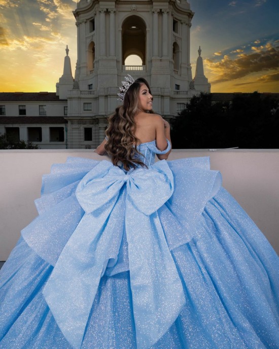 Pearl Sequin Blue Quinceanera Dress Off Shoulder Girl Women Dress Sweetheart Neck Vestidos De 15 Anos With Bow