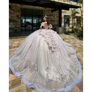 Pink Quinceanera Dresses V Neck Off Shoulder 2024 Ball Gown Princess Dress Lace Appliques Vestidos De 15 Anos With Bow