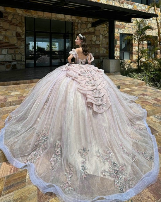 Pink Quinceanera Dresses V Neck Off Shoulder 2024 Ball Gown Princess Dress Lace Appliques Vestidos De 15 Anos With Bow