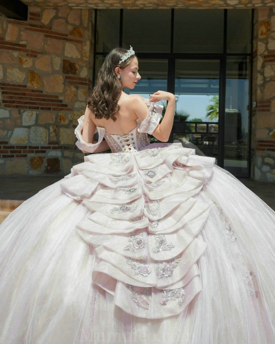 Pink Quinceanera Dresses V Neck Off Shoulder 2024 Ball Gown Princess Dress Lace Appliques Vestidos De 15 Anos With Bow