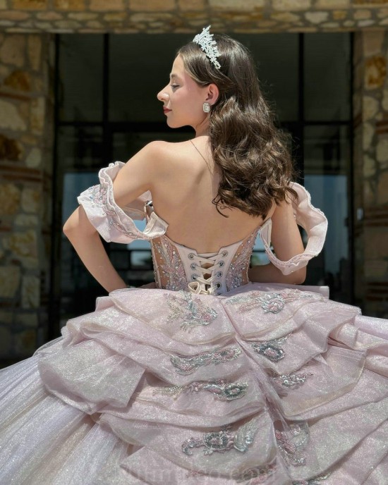 Pink Quinceanera Dresses V Neck Off Shoulder 2024 Ball Gown Princess Dress Lace Appliques Vestidos De 15 Anos With Bow