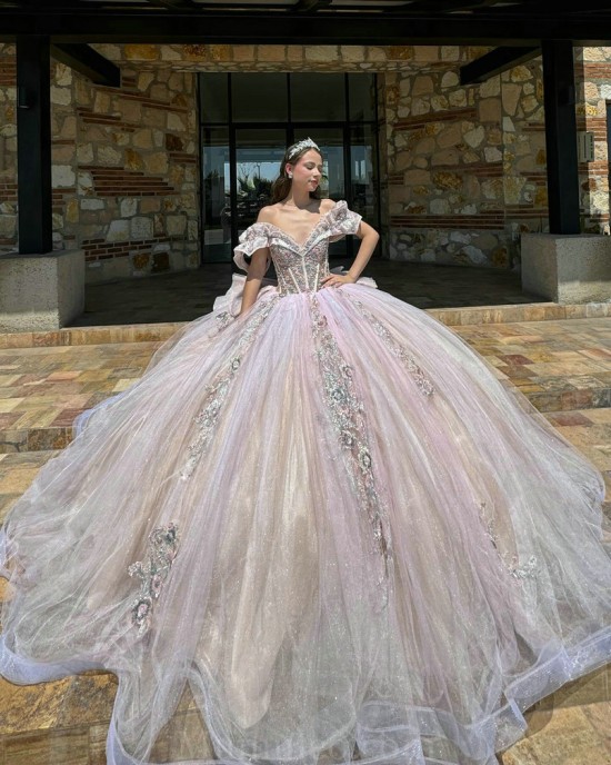 Pink Quinceanera Dresses V Neck Off Shoulder 2024 Ball Gown Princess Dress Lace Appliques Vestidos De 15 Anos With Bow