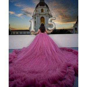 Plus Size Fuchsia Quince Dress V Neck Ruffled Vestidos De 15 Anos Sequin Sleeveless Birthday Party Dress