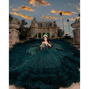 Ruffled Emerald Green Quince Dress Sleeveless Girls Ball Gown Lace Appliques Sweet 16 Dresses Sweetheart Neck Vestidos De 15 Anos