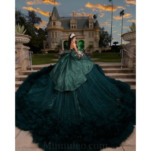 Ruffled Emerald Green Quince Dress Sleeveless Girls Ball Gown Lace Appliques Sweet 16 Dresses Sweetheart Neck Vestidos De 15 Anos