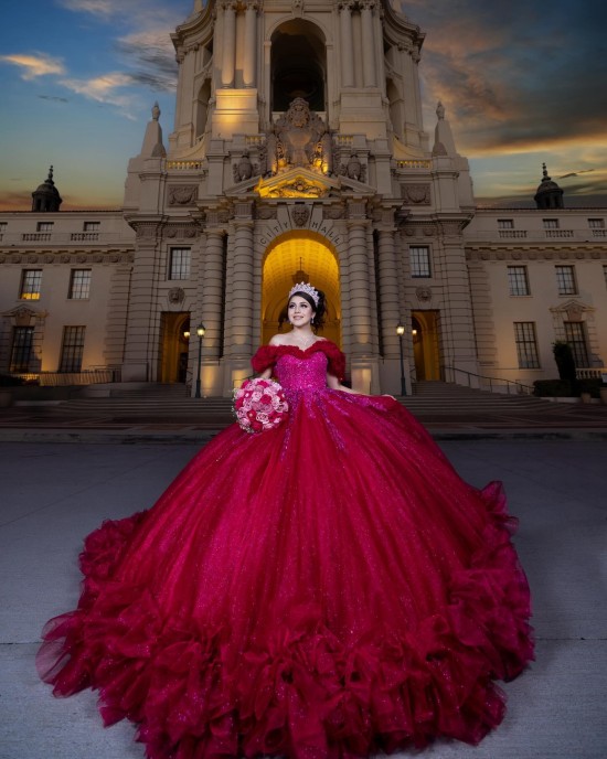 Ruffled Red Quinceanera Dress Sequin Sweetheart Neck Vestidos De 15 Anos Off Shoulder Instagram Gown