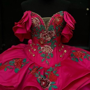 Satin Hot Pink Quinceanera Dresses Ruffled Appliqued SWEET 16 Dress