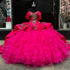 Satin Hot Pink Quinceanera Dresses Ruffled Appliqued SWEET 16 Dress