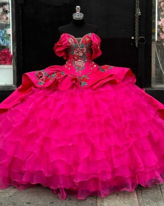 Satin Hot Pink Quinceanera Dresses Ruffled Appliqued SWEET 16 Dress