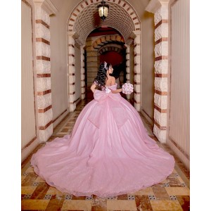 Sequin Off Shoulder Quince Dress Pink Vestidos De 15 Anos Pearl Sweetheart Neck Vestidos De XV Anos