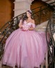 Sequin Off Shoulder Quince Dress Pink Vestidos De 15 Anos Pearl Sweetheart Neck Vestidos De XV Anos