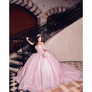 Sequin Off Shoulder Quince Dress Pink Vestidos De 15 Anos Pearl Sweetheart Neck Vestidos De XV Anos