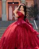 Sequin Red Quinceanera Dress Off Shoulder Girl Women Dress Sweetheart Neck Vestidos De 15 Anos With Bow