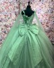 Shiny Green Quinceanera Dresses Mexican Sweetheart Ball Gown Cape Sleeve Vestidos De 15 Anos