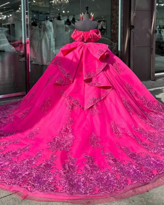 Shiny Hot Pink Quinceanera Dress Ball Gown Floral Applique Off Shoulder Sweet 16 Vestido De 15 Anos