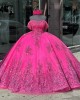 Shiny Hot Pink Quinceanera Dress Ball Gown Floral Applique Off Shoulder Sweet 16 Vestido De 15 Anos