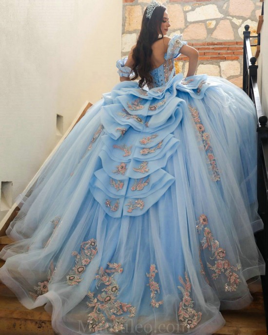 Sky Blue Quinceanera Dress Off Shoulder Sequin Vestidos De 15 Anos Rose Gold Lace Appliques Wear Pageant Sweetheart Women 2024 Ball Gown