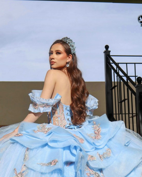 Sky Blue Quinceanera Dress Off Shoulder Sequin Vestidos De 15 Anos Rose Gold Lace Appliques Wear Pageant Sweetheart Women 2024 Ball Gown