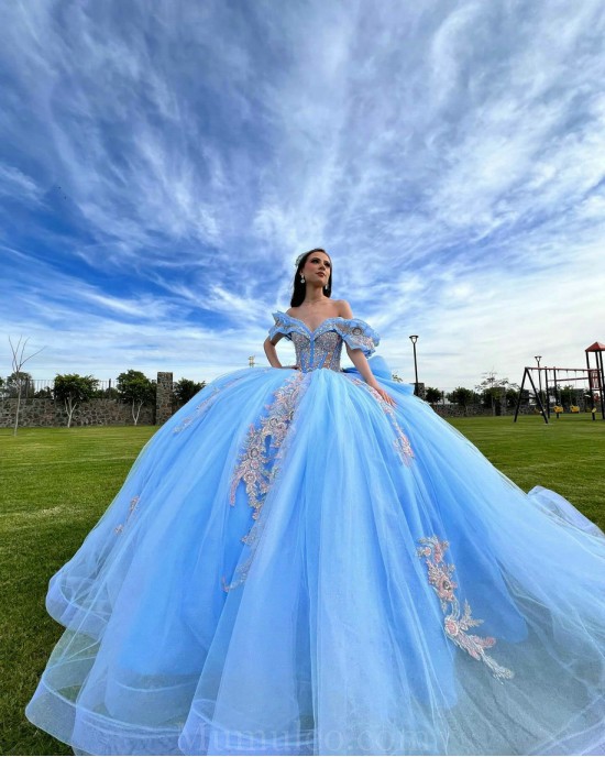 Sky Blue Quinceanera Dress Off Shoulder Sequin Vestidos De 15 Anos Rose Gold Lace Appliques Wear Pageant Sweetheart Women 2024 Ball Gown