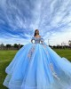 Sky Blue Quinceanera Dress Off Shoulder Sequin Vestidos De 15 Anos Rose Gold Lace Appliques Wear Pageant Sweetheart Women 2024 Ball Gown