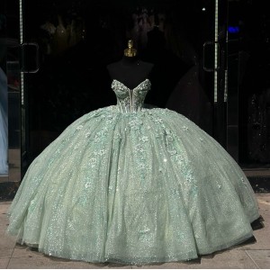 Sleeveless Sage Green Quinceanera Dress Sequin Vestidos De 15 Anos Lace Appliques V Neck Birthday Party Dress With Cape